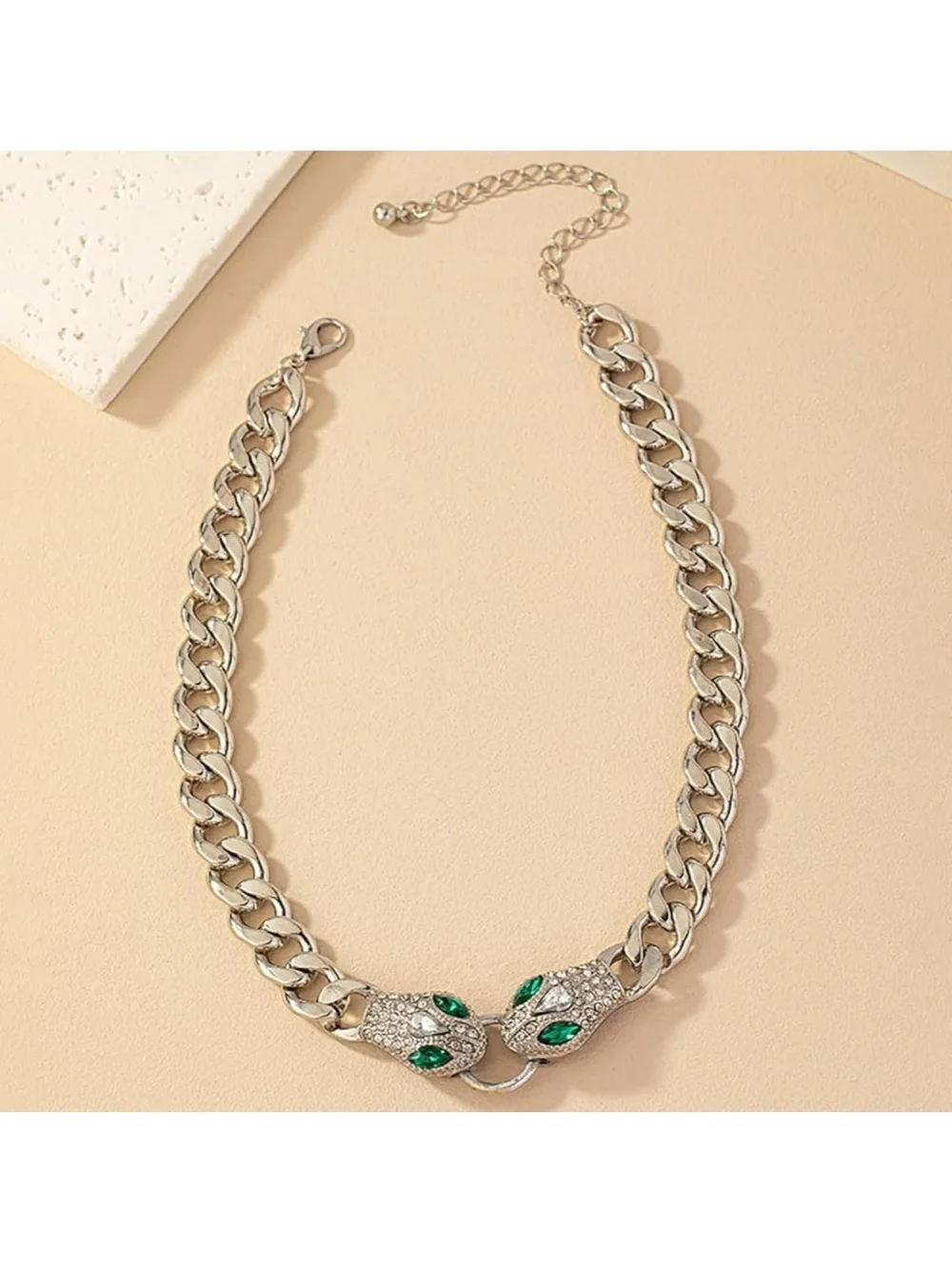 Silver Snake Head Chain Choker with Emerald Accents